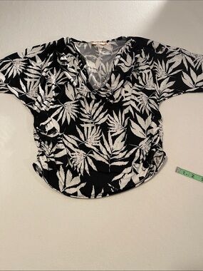 Black & White Leaf-Print Draped Neck Blouse
